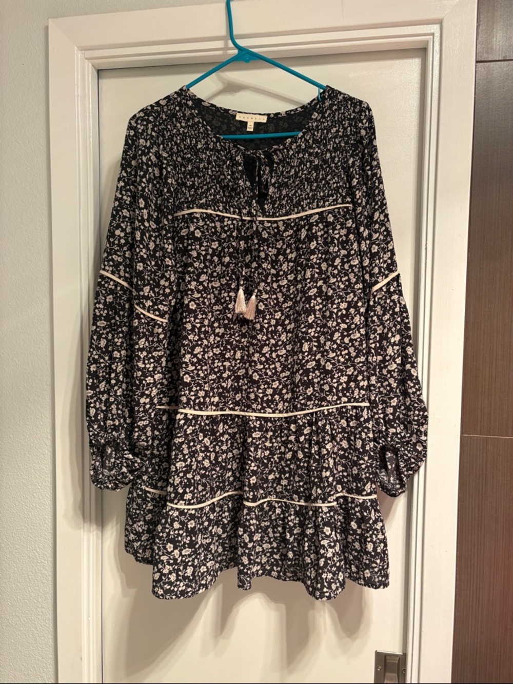 Black and White Floral Boho Tunic Dress with Tassel Tie